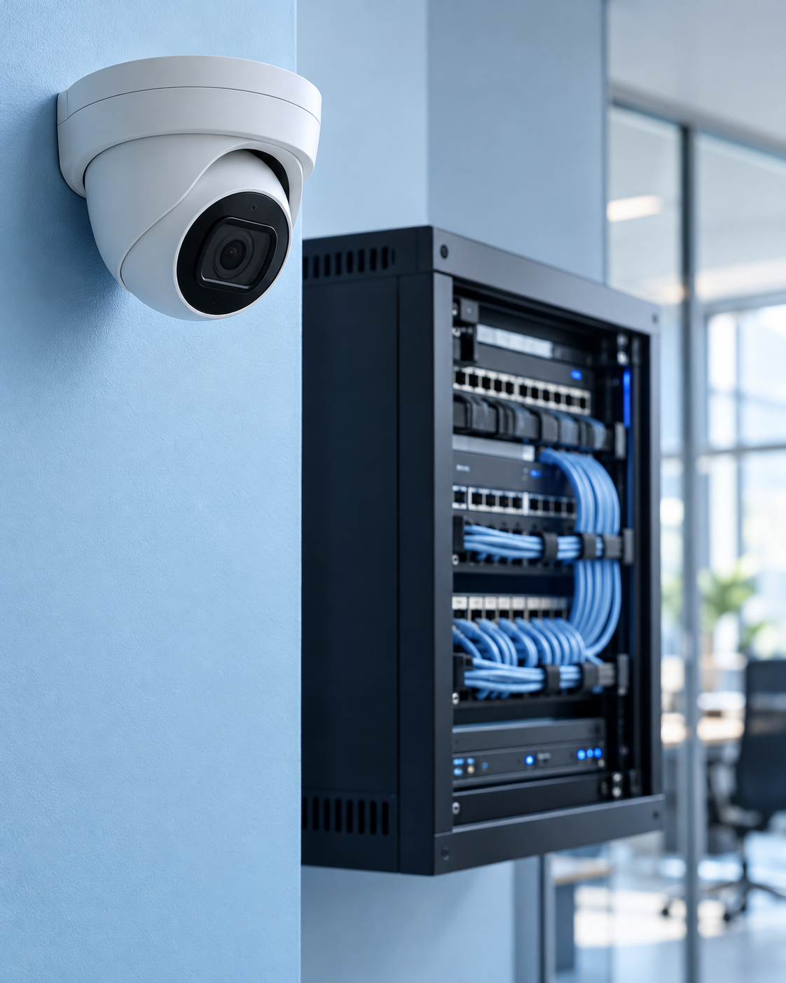 Imagen ilustrativa de una cámara de seguridad y un rack de redes en un espacio moderno